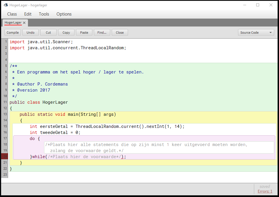 De BlueJ code editor duidt de verschillende blokken aan in een verschillend kleur